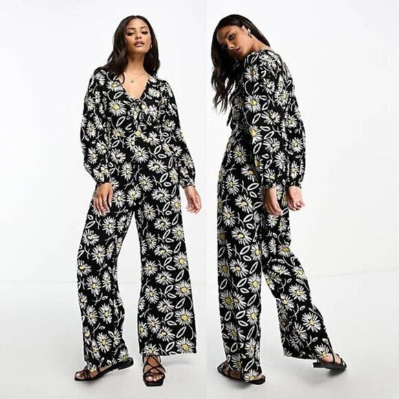 Influence Women's Tie‎ Front Floral Black Soft Wide Leg Jumpsuit - Picture 1 of 5